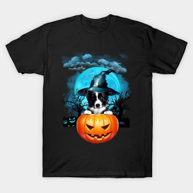 Border Collie Witch Hat Pumpkin And Blue Moon Halloween T-Shirt by Tagliarini Kristi